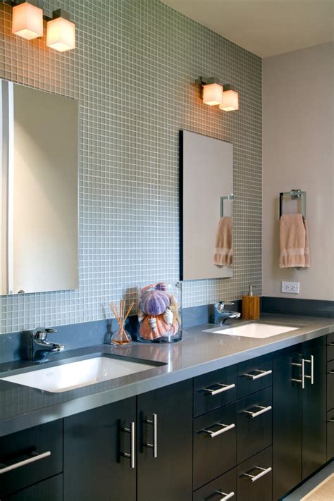 Contemporary Double Vanity Bathroom With Green Tiled Backsplash   HGTV