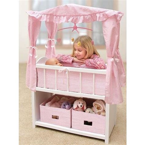 Doll Crib Bed with Shelf, Two Baskets, Canopy, Mobile $70   Baby doll  