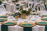 Image result for Emerald Green Black and Gold Table Settings for Wedding