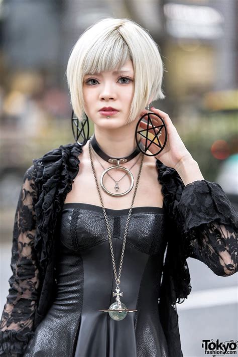 Gothic Harajuku Girl in Black Lace, Mini Dress, Platform Boots  