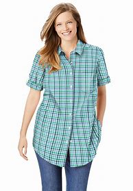 Image result for Plus Size Women's Short Sleeve Button Down Seersucker Shirt By Woman Within In Deep Teal Camp Plaid (Size 4X)