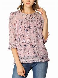 Image result for Women's Blouse Shirt Floral Flower Long Sleeve Floral Button Print V Neck Streetwear Tops Chiffon Blue Purple Green