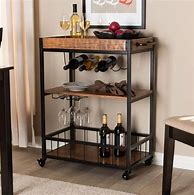 Image result for Capri Vintage Rustic Industrial Oak Brown And Black Finished Mobile Metal Bar Cart With Stemware Rack By Ashley, Furniture > Kitchen And Dining Room