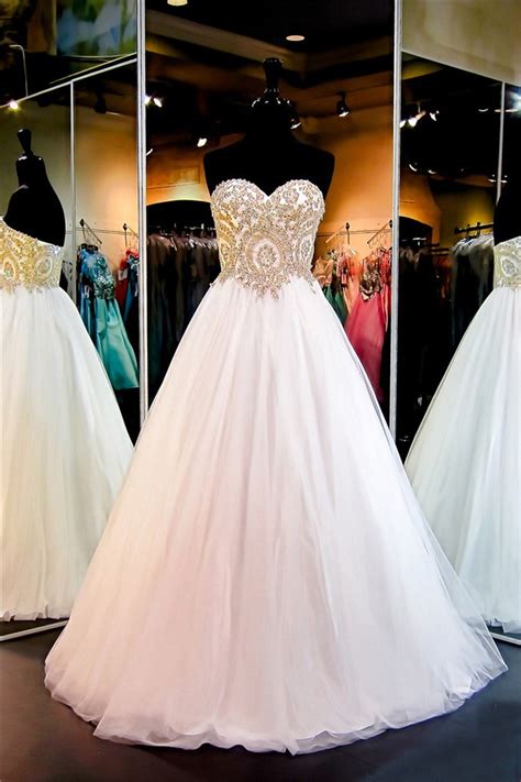 Ball Gown Sweetheart White Tulle Gold Lace Applique Prom Dress