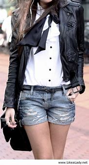 Image result for Leather Jacket and Black Jean Shorts