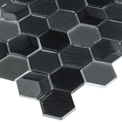 2X2 Faceted Hexagon Glossy Black Glass Mosaic Tile MTO0256
