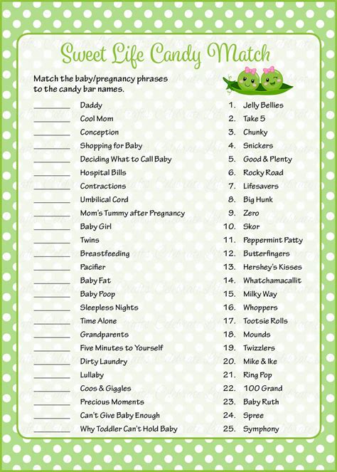 Sweet Life Candy Match Baby Shower Game   Peas in a Pod Baby Shower  