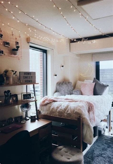 modern dorm room decor with string lights
