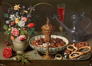 Image result for still life with flowers, gilt goblet, almonds, dried fruits, sweets, biscuits, wine and a pewter flagon