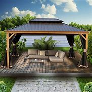 Image result for Kozyard Apollo Wood Like 12ft X 16ft Aluminum Hardtop Gazebo With Galvanized Steel Roof And Mosquito Net - Wood-Like