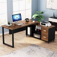 Image result for L-shaped Office Desk with Upper Cabinets