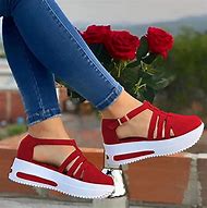 Image result for Women's Sandals Wedge Sandals Orthopedic Sandals Bunion Sandals Wedding Sandals Buckle Wedge Heel Round Toe Vintage Daily PU Leather Loafer Spring Sum