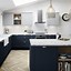 Image result for Kitchen with Blue Cabinets and White Appliances