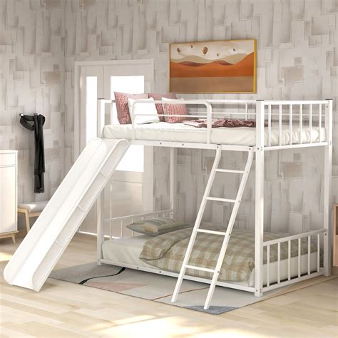 Euroco Metal Twin Over Twin Bunk Bed With Slide, White   Walmart   
