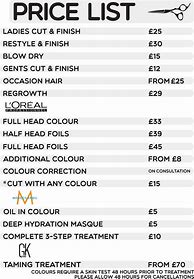 Image result for Hairdressing Price List
