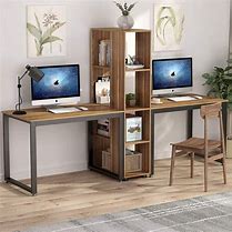 Image result for Two-Person Desk with above and Between Shelving