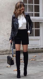 Image result for Leather Jacket and Black Jean Shorts