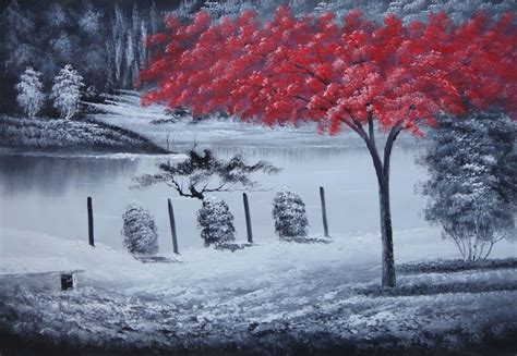 Red Tree in Black and White Landscape Oil Painting Naturalism 24 x 36  
