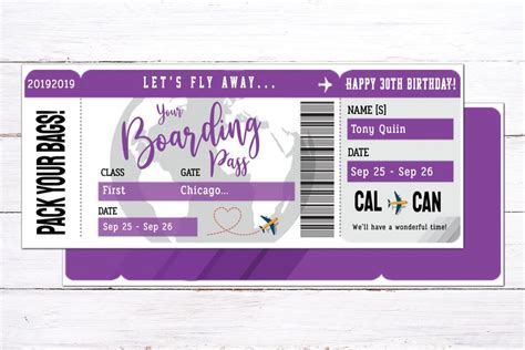 Boarding Pass Surprise Fake Airline Ticket Trip Gift Purple   Bobotemp