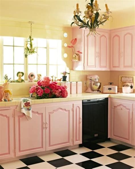 Beautiful Pink Kitchen With Black & White Checkered Flooring Pictures  