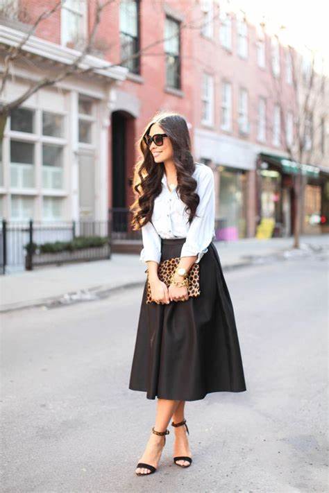 Midi Skirt and Blouse dinner outfit ideas for women