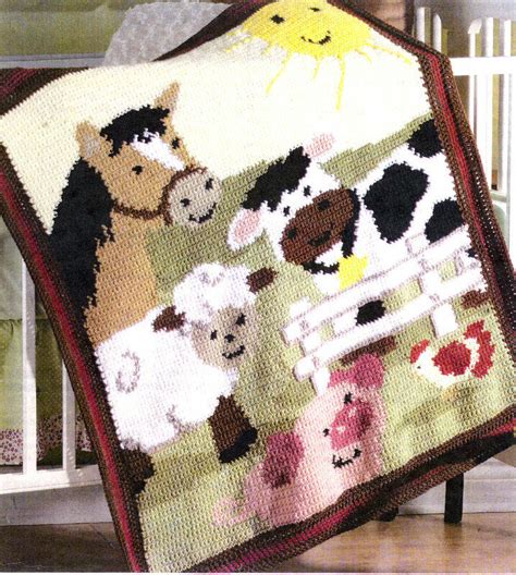 Baby Blanket Farm Animals Cow Pig Sheep Horse Chicken Aran ~ Crochet  