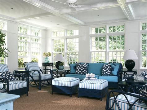 Sunroom with Blue and White Wicker Furniture   HGTV