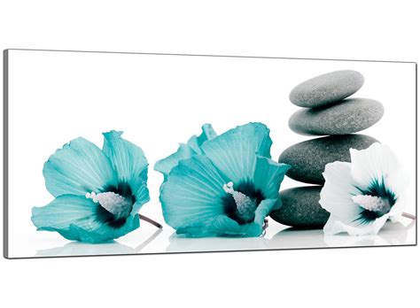 Large Teal and Grey Canvas Pictures of Flowers and Pebbles