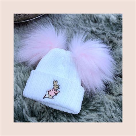 Girls White & Pink Flopsy Bunny Double Pom Pom Hat