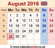Image result for August 2016 Calendar