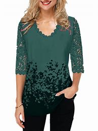 Image result for Women's Plus Size 3/4 Sleeve V Neck Shirt Floral Loose Blouse Lace Summer Tops, Size: XL, White