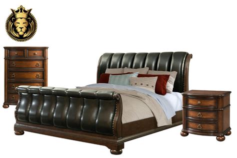 Black Leather Tufted Teak Wood Sleigh Bedroom Set   Royalzig