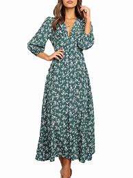 Image result for Women's Swing Dress Maxi Long Dress Green 3/4 Length Sleeve Floral Print Patchwork Print Fall Spring Round Neck Elegant Casual Holiday 2021 L