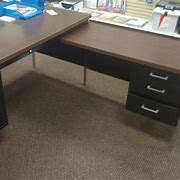 Image result for Big L Shape Metal Desk with Right Return and Light Brown Walnut Top