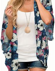 Image result for Women's Floral Print Puff Sleeve Kimono Cardigan Loose Cover Up Casual Blouse Tops