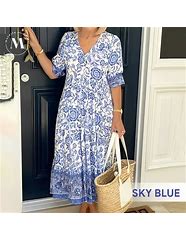 Image result for Women's Swing Dress Maxi Long Dress Light Blue Long Sleeve Floral Print Fall Spring V Neck Casual Vacation Dresses Slim 2021 S 00002