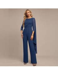 Image result for Pantsuit / Jumpsuit Mother Of The Bride Dress Plus Size Elegant Jewel Neck Floor Length Chiffon 3/4 Length Sleeve With Lace 2021 White US 6 / UK 10 /