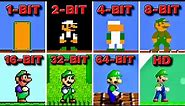 Super Luigi Bros. 1-BIT vs 2-BIT vs 4-BIT vs 8-BIT vs 16-BIT vs 32-BIT vs 64-BIT vs HD
