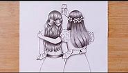 Easy Drawing - Two friends are taking a selfie || Best friends || BFF || besties -Pencil sketch