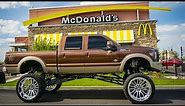 HUGE 20" LIFTED Ford F350 on 42's In TINY Drive Thru