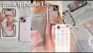 pink iphone 15!🎀 aesthetic unboxing, accessories + whats on my phone