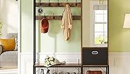 VIGKOOK Entryway Bench with Shoe Storage, 7-in-1 Hall Tree with Mirror Cabinet, Reversible Coat Rack, Fabric Drawer Metal Frame 9 Hooks for Hallway Mudroom Bedroom (Rustic Brown)