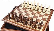 Chess and Checkers Board Game Sets for Adults Wooden Deluxe 15 inch Wood Board Box with Storage, Classic 2 in 1 Large Size with Chess Pieces - 3” King Height - 2 Extra Queens