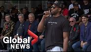 Kawhi Leonard mocks his own laugh, brings down the house at Raptors victory rally