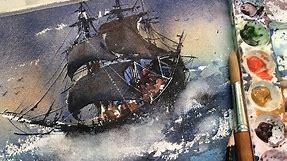 How to paint stormy watercolor ocean painting – pirate ship painting techniques