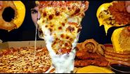 ASMR MUKBANG EXTRA CHEESY PIZZA CRISPY CHICKEN HASH BROWNS & ONION RINGS | WITH RANCH | Magic Mikey