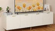 TV Stand for 80+ Inch TV, Entertainment Center with Storage Cabinets, Wood Mid Century Modern TV Console with Waveform Panel, Adjustable Shelf, White TV Stands for Living Room Bedroom