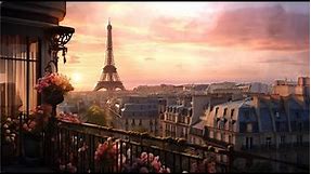 Sunset In Paris - Beautiful Balcony In Paris - Spring Flowers & Eiffel Tower