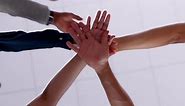 Hands stack, team and business people celebrate success together as teamwork