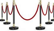 Stainless Steel Stanchion 6Pcs Red Carpet Ropes and Poles, Crowd Control Barriers, Post Queue with 5Pcs Velvet Rope, Crown Top Sand Injection Hollow Base for Party, Wedding (Red Rope)